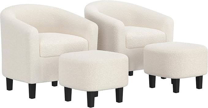 Yaheetech Accent Chair and Ottoman Set, Mid Century Boucle Fabric Barrel Chair and Comfy Fabric Footrest for Living Room/Bedroom/Reading Room, Ivory, 2 PCS