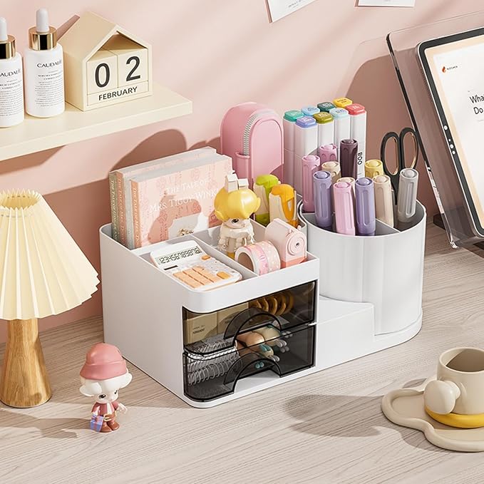 Makeup Organizer for Vanity with 2 Drawers,Countertop Rotating Makeup Brush Holder,Bathroom Organizer Holder,Cosmetic Display Case for Lipstick,Beauty,Skincare Organizer (White)