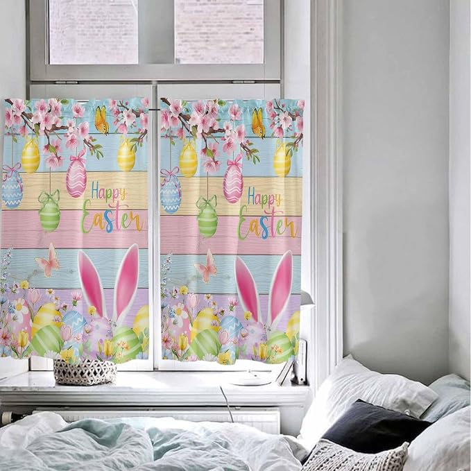 Colorful Easter Kitchen Curtains 54 Inches length, Spring Watercolor Bunny Egg