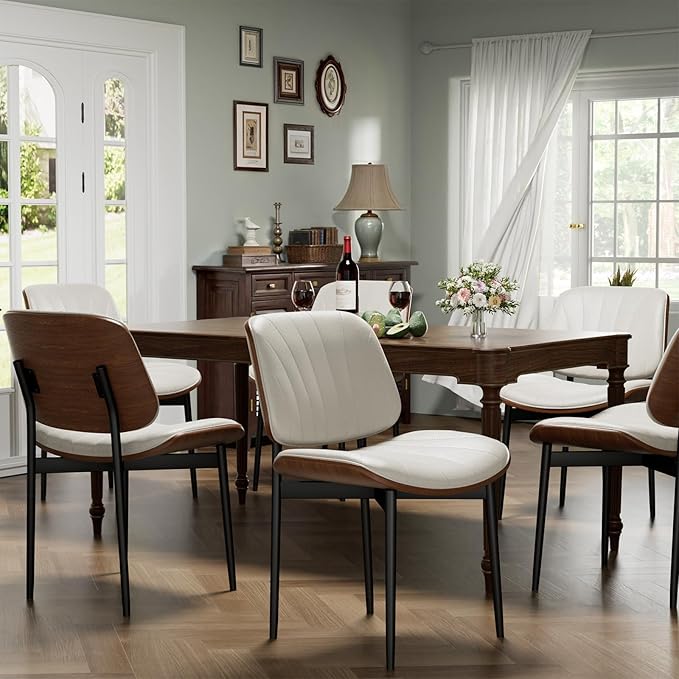 Dining Chairs Set of 6, Dining Room and Kitchen Chairs, Mid Century Modern Accent Chair, Upholstered PU Leather Chairs for Vanity with Walnut Bentwood and Metal Legs, Beige