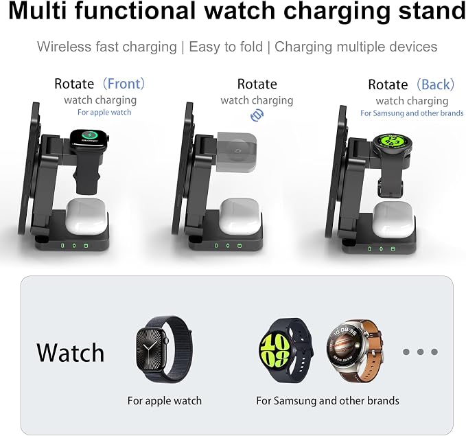 Foldable Wireless Charging Station Black with 30W Adapter | Portable Magnetic Travel Charging Stand for iPhone &amp Samsung Apple Watch &amp Galaxy Watch AirPods &amp Galaxy Buds