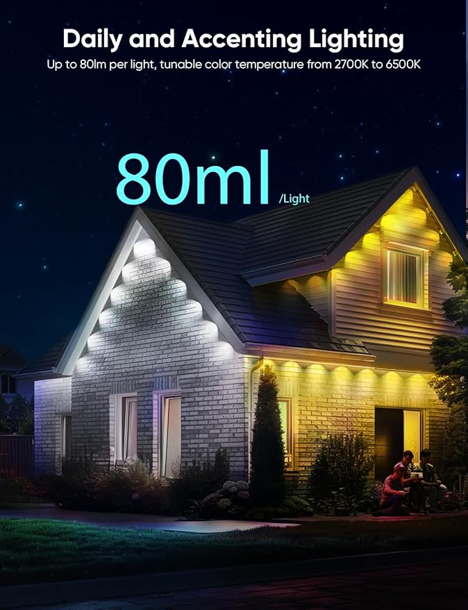 APPECK Permanent Outdoor Lights Pro 100ft, 72W RGBCW Eaves Lights with 72 LED Lights, 80lm, Cuttable, 111 Scene Modes, IP67 Waterproof Lighting for Halloween Decoration, Compatible with Alexa, Black