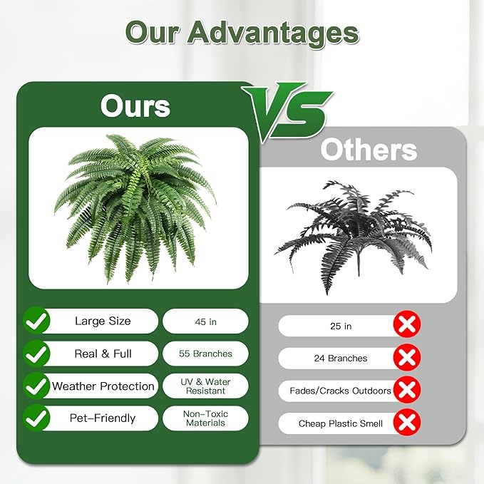 ALAGIRLS Set of 2 45 Inch Artificial Boston Fern Bush with 55 Branches, Large Faux Ferns for Outdoors, Artificial Plants Suitable for Office & Living Room Decor, UV-Resistant（Pot is not Included）