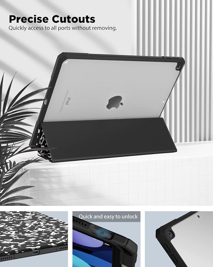 TiMOVO Case for iPad 9th/8th/7th Generation 10.2 inch Black | Pencil Holder Slim Trifold Stand Protective Cover Clear Transparent Back Shell Auto Wake/Sleep