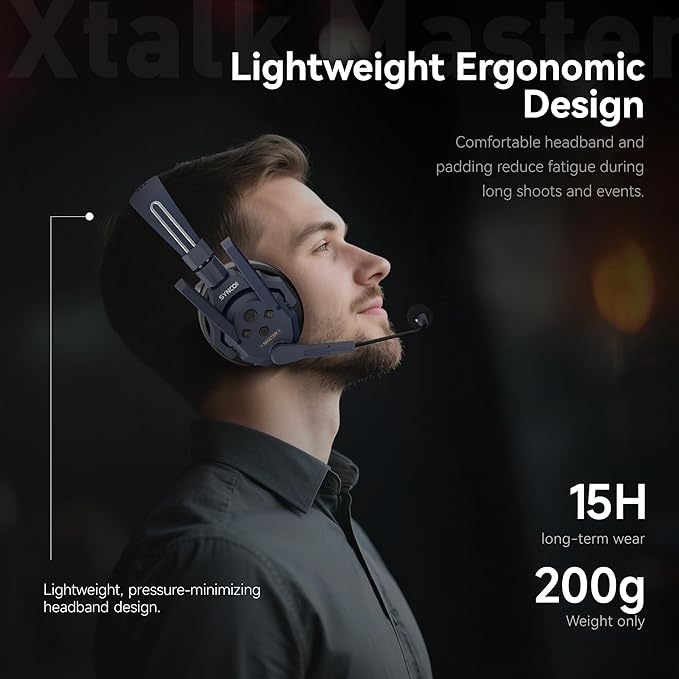 SYNCO Xtalk Master Wireless Intercom Headset System,2 Person 2.4GHz 500m/1640ft Headset with Noise Reduction Program,Real-time Monitoring
