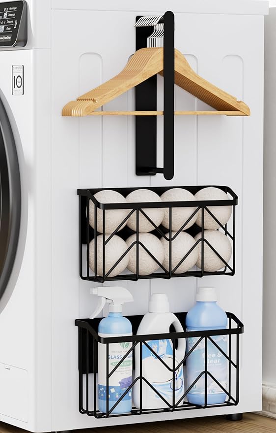 DAOYA Magnetic Dryer Ball Holder and Magnetic Hanger Holder Set - Magnetic Basket Storage for Dryer Balls, Laundry Pods, Dryer Sheets, Laundry Room Organization and Storage, Black