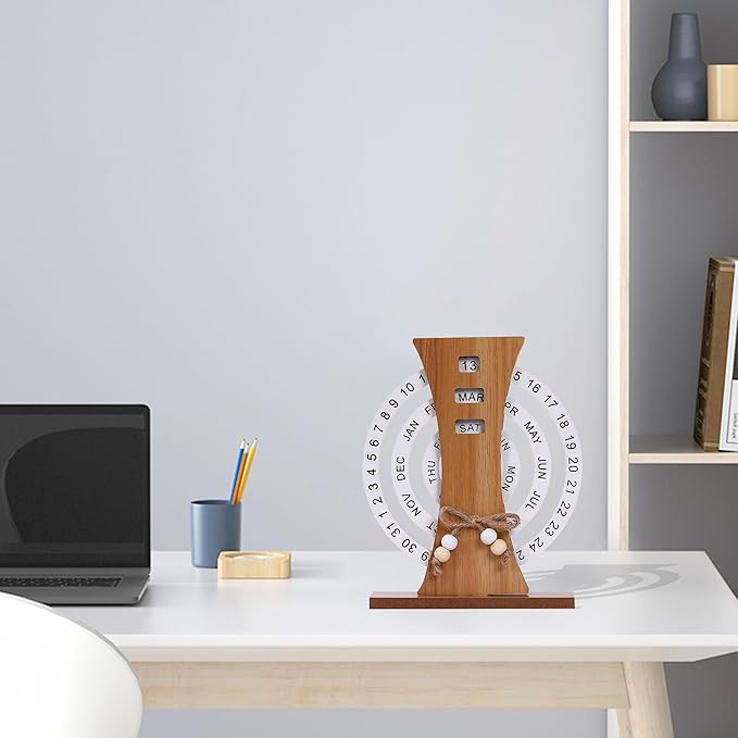 Perpetual Calendar, Wooden Disc Perpetual Desk Calendar, Wooden Disc Calendar, Gift Manual Rotating Wooden Block Calendar for Home Office Desk Date Week Month