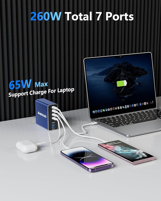 Aluminum Alloy USB C Charger 260W GaN Fast USB C Charging Station 7 Ports 65W Laptop Charger for MacBook Pro/Air/iPad Pro/iPhone (Blue)