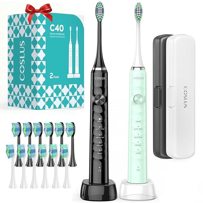 COSLUS Sonic Electric Toothbrush for Adults: 47000 VPM for Deep Cleaning & Whitening with Travel Case - 5 Modes for Sensitive Teeth & Braces, Wireless Charging, 6 Brush Heads, Black & Green (2PCS)
