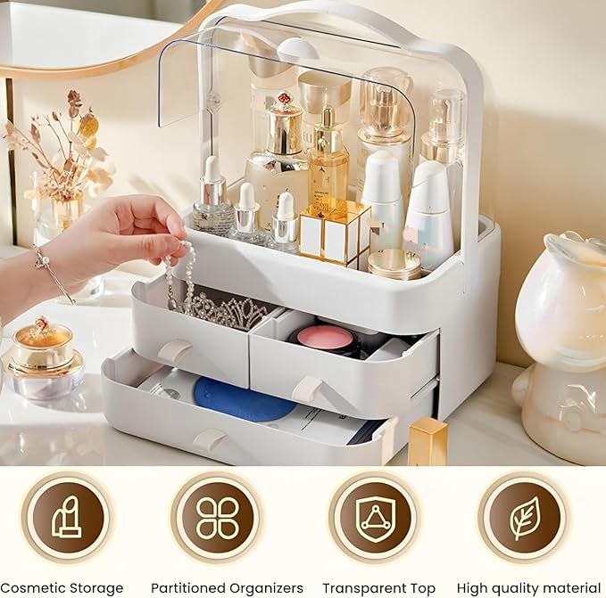 Makeup Organizer and Storage for Vanity with Lid and Drawers, Waterproof and Dustproof Portable Skincare Cosmetics Boxes, Makeup Caddy Holder for Vanity Countertop, Bathroom, Dresser-All White