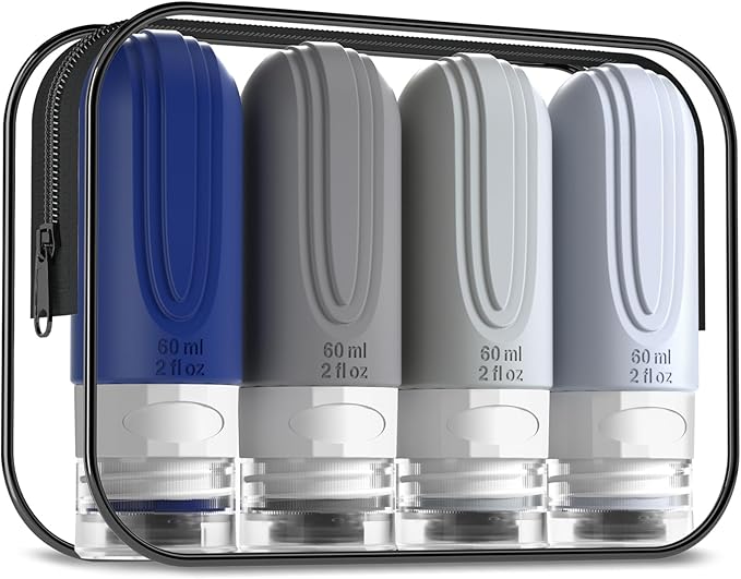 Travel Bottles for Toiletries, Tsa Approved 2oz Travel size Bottles, BPA Free Leak Proof Travels Toiletry Containers, Traveler Accessories with Toiletry Bag for Shampoo Liquid (4 Pack)