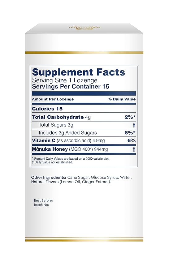 Manuka Health Manuka Honey Lozenges – 15 Lemon and Ginger Flavored Lozenges – Natural Throat Lozenges Infused with Raw Manuka Honey and Vitamin C for Immune Support
