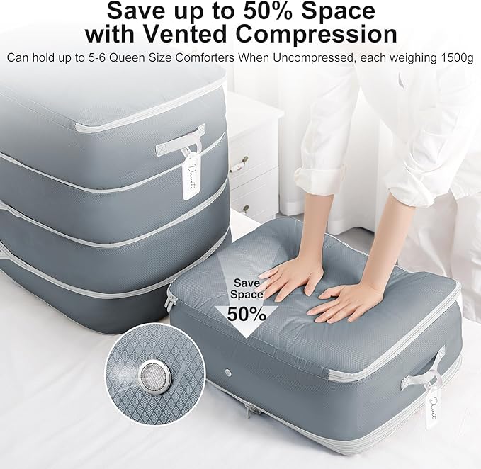 Comforter Storage Bag - 130L Large Capacity Blanket Storage Bags 4-Layer Ultra Space Saving Self Compression Organizer, Washable Compression Bags for Storage Comforter Blanket, 2-Pack, Grey