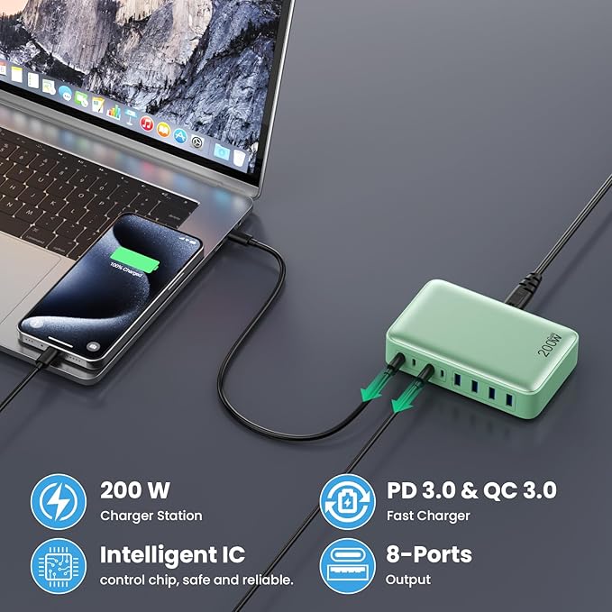USB C Charger 200W USB C Charger Block,Upgraded GaN III 8-Port Fast Charging Station Hub,PD 65W Laptop Charging Adapter Compatible with MacBook Pro/Air,DELL,Steam Deck,iPhone 16/15/14,Galaxy S23/22