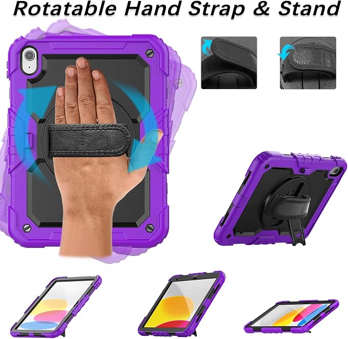 Weuiean Case for iPad A16 11th/10th Generation 11/10.9 Military-Grade Heavy-Duty Shockproof Cover with 360° Rotating Stand Built-in Pencil Holder &amp Adjustable Hand/Shoulder Strap - Black