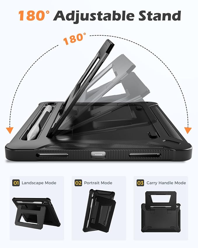 ProCase Kids Case for 11 iPad (A16) &amp 10.9 iPad 10th Gen Black | 180° Adjustable Kickstand with Pencil Holder 3-Layer Heavy Duty Rugged Shockproof Hard Shell Cover