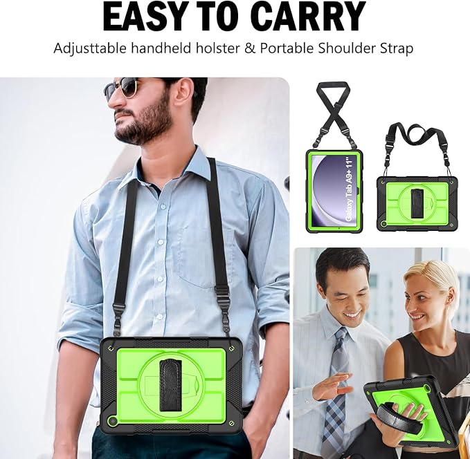 BMOUO for Samsung Galaxy Tab A9+ Plus Case 11 2023 (SM-X210/X216/X218) Shockproof Galaxy Tab A9 Plus Case with Rotating Stand and Hand/Shoulder Strap Black