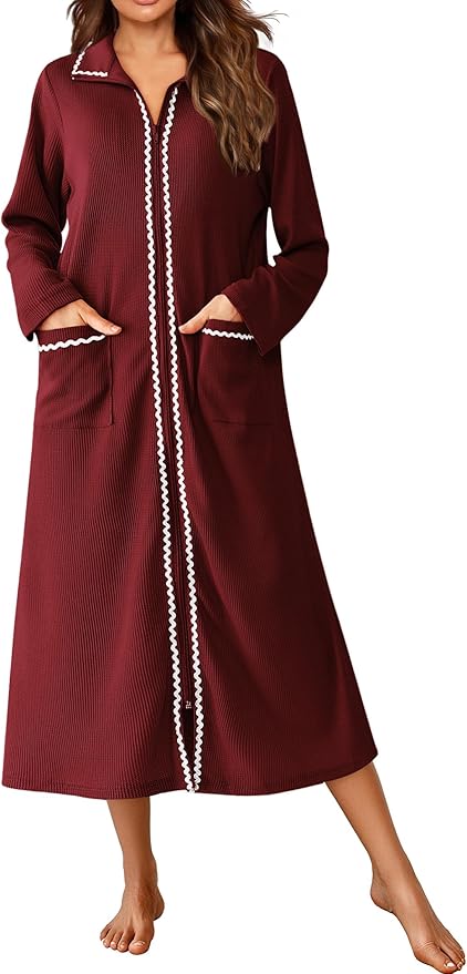 Ekouaer Zipper Robes for Women Long Waffle Knit Bathrobe Lightweight Long Sleeves Robe Soft Sleepwear with Pockets S-XXL