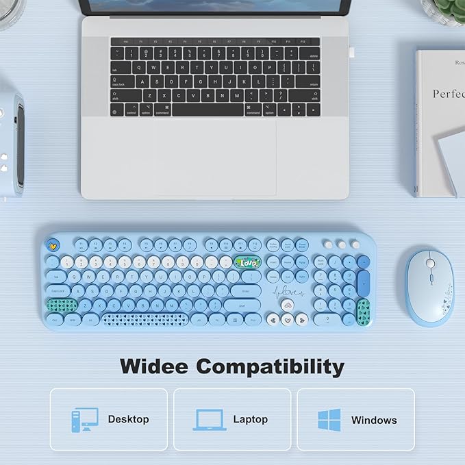 Wireless Keyboard and Mouse Combo, MOWUX Full Size Typewriter Retro Round Computer Keyboard, Cute Optical Mouse Wireless, Plug and Play, for Laptop, PC, Computer - Blue Heart