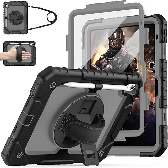 Cantis Case for iPad 11-inch (A16) 2025/ iPad 10th Generation 2022 (10.9 inch) with Screen Protector, iPad 11th Case with 360 Degree Rotating Stand/Shoulder Strap/Pencil Holder, Black+Grey