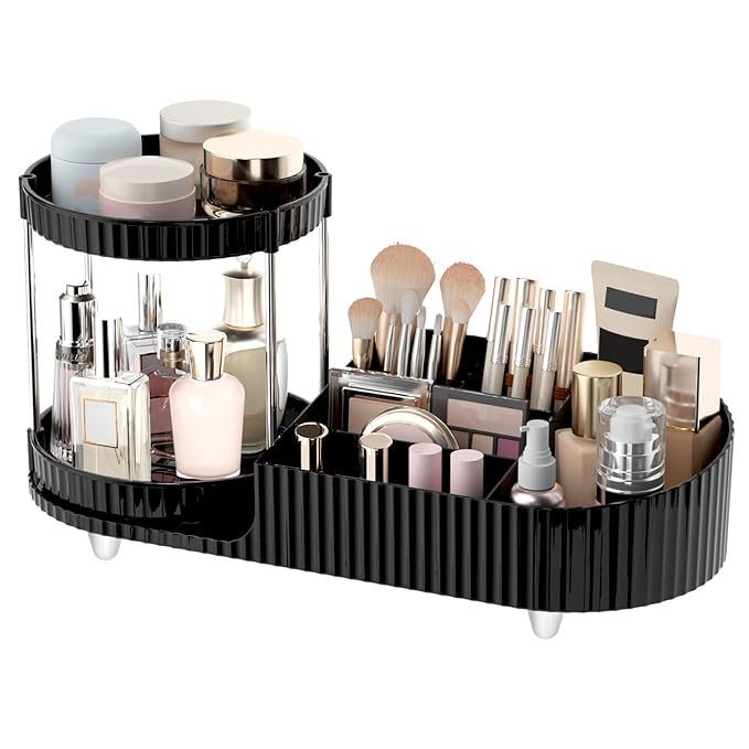 Makeup Organizer Countertop for Vanity with 360 Rotating Perfume Trays, 7-Compartment Skincare Organizers and Make Up Desk Storage, Cosmetic Organizer with Brush Holder for Bedroom Bathroom Counter