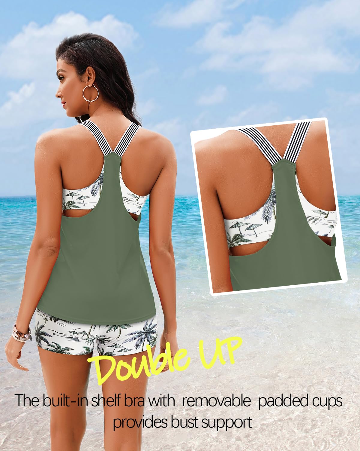 Daci Green Palm Tree Athletic Tankini Swimsuits for Women-2025 Bathing Suits 2 Piece Swimwear with Shorts for Tummy Control L