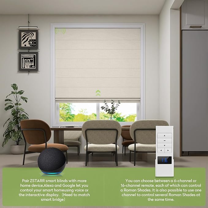 ZSTARR Smart Roman Shades Rechargeable Motorized Blinds with Remote Full Blackout Roman Window Shades Plain Fold Soft for Doors Bedroom, Custom Size (Beige)