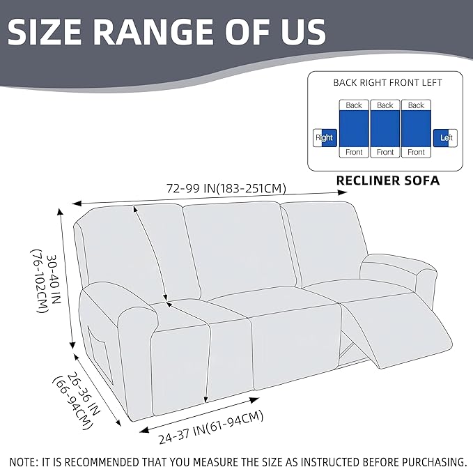 Genina Recliner Sofa Covers - Stretch Reclining Couch Covers with Stripe Jacquard - 3 Seat Cushion Slipcovers with Soft Fabric - Furniture Protector for Pet Kid (Navy Blue)