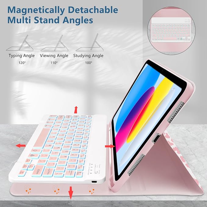 for Bluetooth Keyboard for iPad 10th Gen 10.9 inch (2022) case (A16) 11th / 10th Gen Case 11'' (2025) with 7-Color Backlights Pencil Holder Detachable Rechargeable - Black Cow