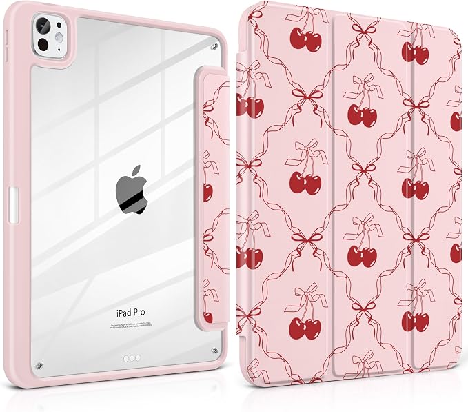 DONGKE for iPad Pro 11-Inch Case (M5 2025 / M4 2024) 6th/5th Generation [Auto Sleep/Wake &amp Pencil Pro Holder] Clear Acrylic Back Smart Trifold Stand Cover Bear &amp Cherry