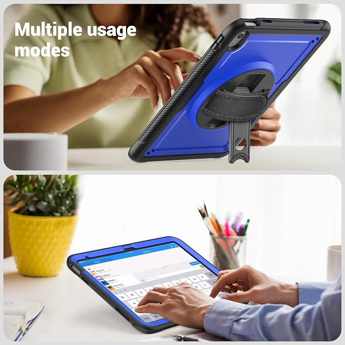 Case for iPad (A16) 11th Generation 11 inch 2025 Lightweight Rugged Dual-Material Design 360° Rotating Adjustable Leather Hand Strap Foldable Kickstand Durable with Full ProtectionBlue