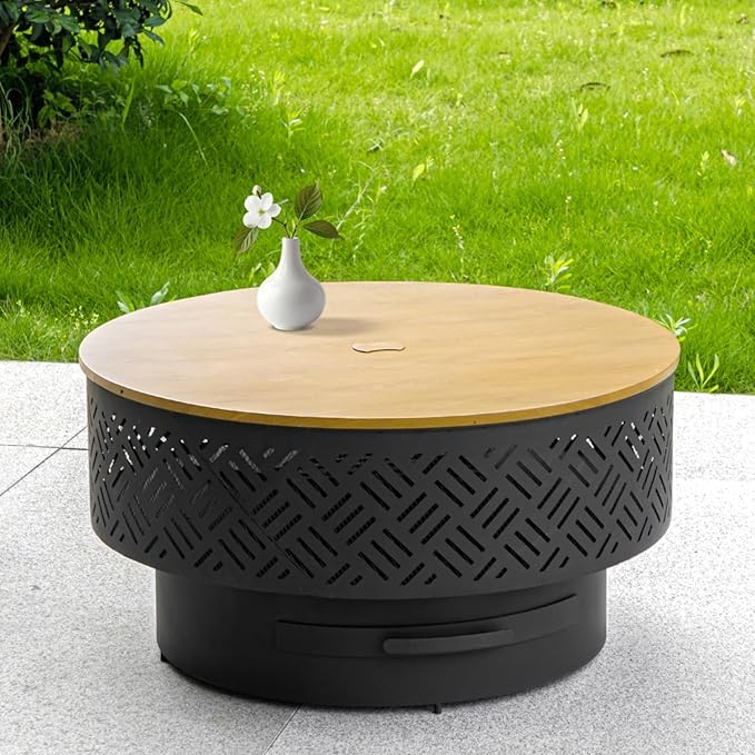 OutVue 32" Wood Burning Fire Pits with Grill & Lid, Fire Pit Table for Outside with Waterproof Cover & Fire Poker, Outdoor Firepit with Functions for BBQ,Table and Bonfire