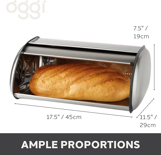 Oggi Stainless Steel Roll Top Bread Box for Kitchen Countertop with Stainless Steel Lid - Fits Multiple Large Loaves of Bread and Other Freshly Baked Goods Including Cookies, Bagels, Muffins