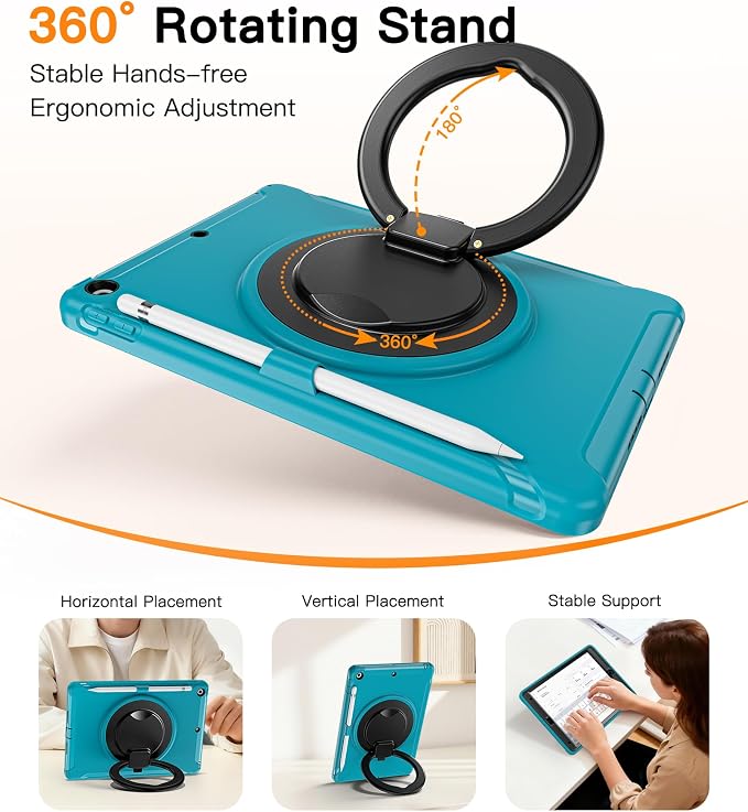 BATYUE Shockproof Case for iPad 9th 8th 7th Gen 10.2 Inch Black | 3in1 PC+TPU Heavy Duty 360° Rotatable Ring Stand for Grip Carry Hang &amp Multi-Angle View Screen Protector Pencil Holder