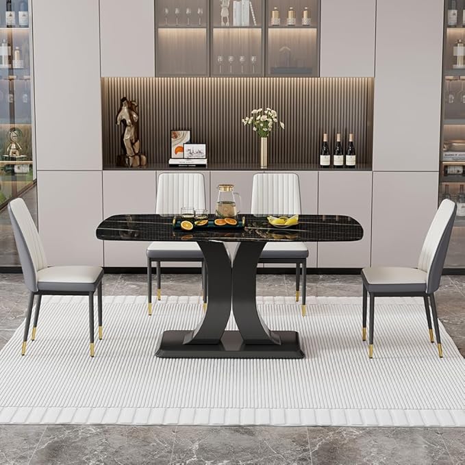 Modern Dining Table Set for 4, Marble Kitchen Table Chair Set for 4, Rectangular Kitchen Table with PU Leather Upholstered Chair for Dining Room (Off White-C)