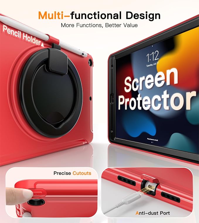BATYUE Shockproof Case for iPad 9th 8th 7th Gen 10.2 Inch Black | 3in1 PC+TPU Heavy Duty 360° Rotatable Ring Stand for Grip Carry Hang &amp Multi-Angle View Screen Protector Pencil Holder