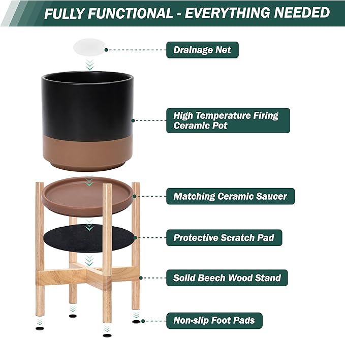 D'vine Dev Ceramic Planter with Natural Stand - 10 Inch Modern Round Flower Pot with Wood Planter Holder, Black/Speckled Tan, 55-B-K-7