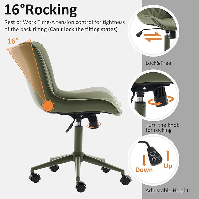 YOUTASTE All Olive Green Office Chair, Modern Armless Desk Chair with Back, Adjustable Swivel Rolling Faux Leather Task Chair with Wheels Metal Base for Home Office, Study, or Vanity