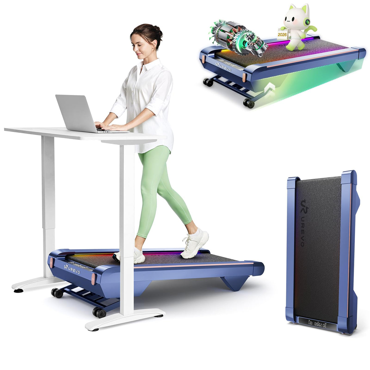 UREVO CyberPad Smart Walking Pad with 14% Auto Incline, Under Desk Treadmill for Home, Quiet Brushless Motorized, Extended Walking Surface, LED Remote, Speed-Responsive Lighting, UREVO APP