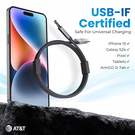 AT&ampT USB-A to USB-C Cable 6ft Braided Nylon – 60W Fast Charging USB-IF Certified 480Mbps Data Transfer – Compatible with iPhone 15/16 Galaxy Pixel Tablets &amp More – Black