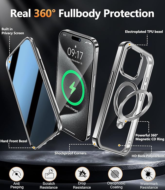 [360° Rotatable CD Stand & Built-in Privacy Screen Magnetic Case for iPhone 15 Pro Max[Compatible with MagSafe&Full Signal] Mil-Grade Shockproof Full Body Anti-Spy Cover for 15 Pro Max-Gray