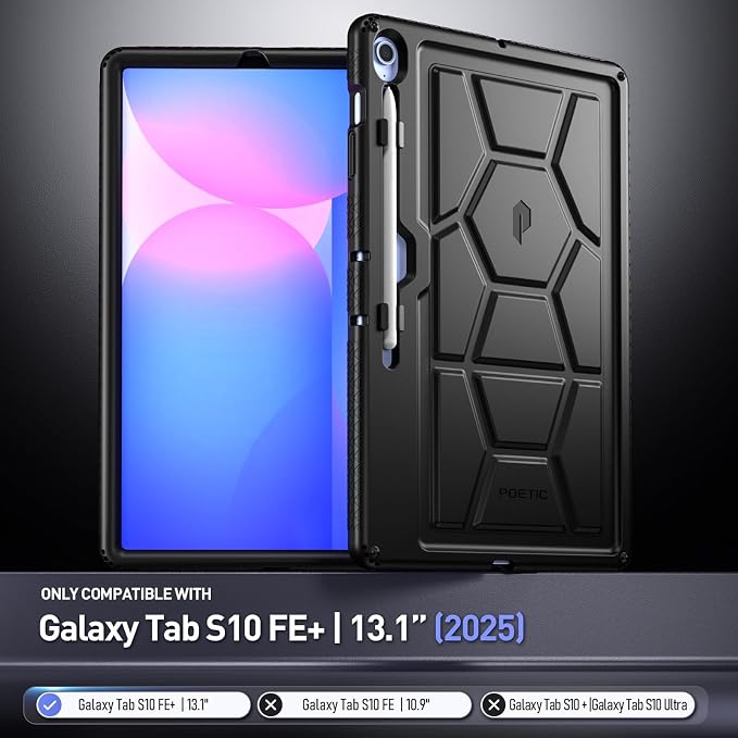 Poetic TurtleSkin Case for Samsung Galaxy Tab S10 FE Plus (2025 Release) 13.1 inch Case with S Pen Holder Heavy Duty Shockproof Kids Friendly Protective Silicone Cover Black