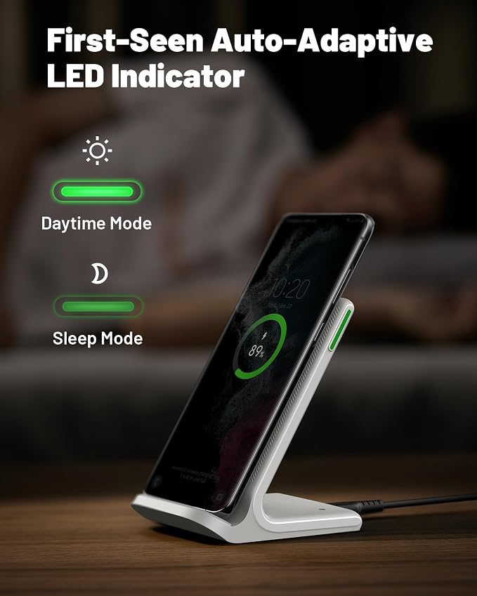 INIU Wireless Charger 15W Fast Wireless Charging Phone Station with LED | Sleep-Friendly Adaptive Light Exclusive Temp°Guard Wireless Charging Station for iPhone 17 16 Pro Max Samsung S25 S24 etc