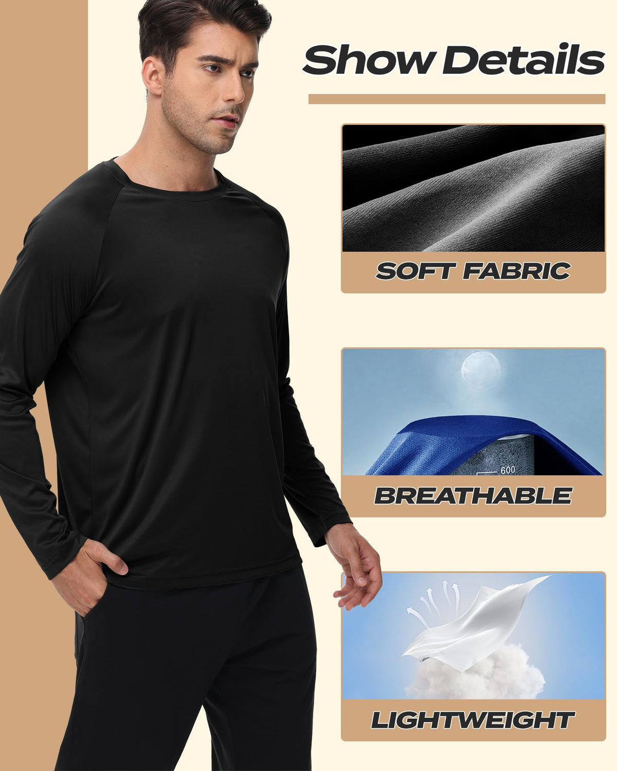 Long Sleeve Shirts for Men - Quick Dry Moisture Wicking UV UPF Sun Protection T-Shirts for Fishing Workout Swim A-Black