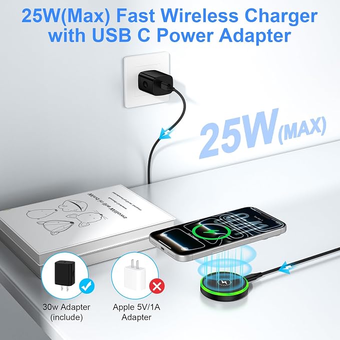 25W Magnetic Wireless Charger for Samsung Fast Charging Pad for Galaxy S26 | Wireless Charger Android with 30W USB C Power Adapter for S25 Plus/S24 FE/S23/S22/S21/Z Flip 7 Magsafe Charger for iPhone