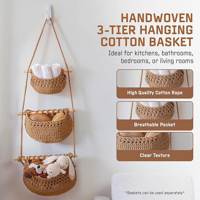 Cotton Hanging Fruit Basket, 3 Tier Woven Wall Basket, Hanging storage baskets for Kitchen and Bathroom, Macrame Wall Hanging, Boho Decor Over The Door Organizer, Brown