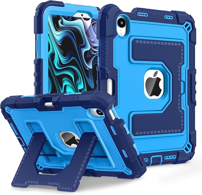 Kids Case Compatible with iPad mini 7 A17 pro 2024 Mini 6 8.3”Colorful Shockproof Case with Pencil Holder and Adjustable Big StandHandle Strap for iPad mini 6th 7th Gen