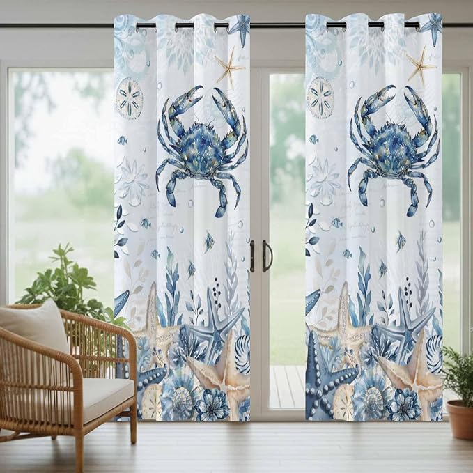 Oceans Outdoor Curtains for Patio Crabs Marine Life Shell Starfish Blue