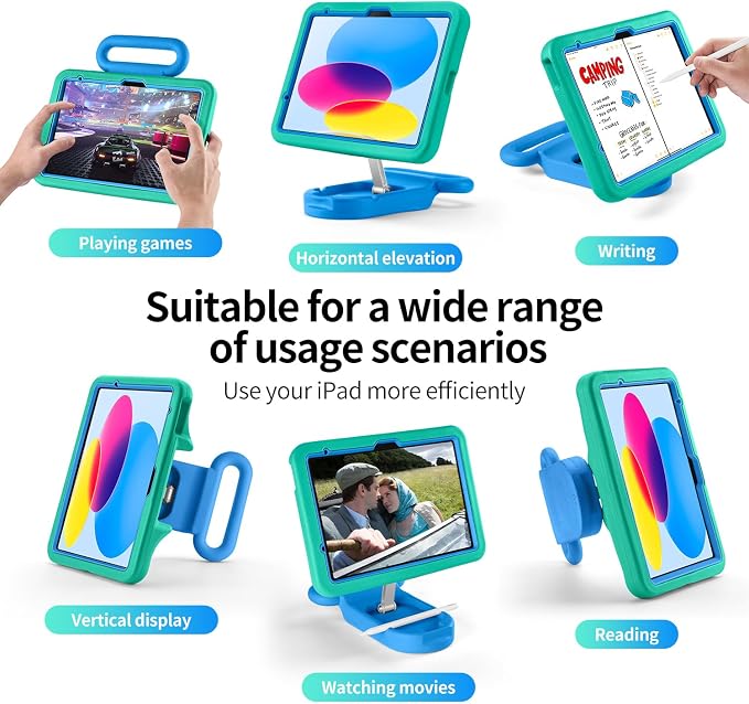 Kids Case for iPad (A16) 11th/10th Gen 10.9'' 2025/2022Adjustable Portrait/Landscape Stand/Drop Proof with HandleChild Friendly Case for iPad Air 11 (M4/M3/M2) 2026/2025/2024 (BlackBlue)