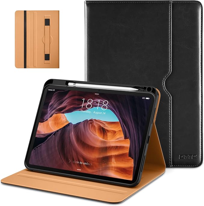 DTTO for iPad (A16) 11th Generation 11-inch &amp 10th Gen Case Brown | Premium Leather Business Cover with Pencil Holder Hand Strap &amp Pocket Corner Protection Auto Sleep/Wake for Work &amp